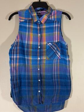a.n.a. A New Approach Blue Plaid Sleeveless Top Cotton Open Back Button Front XL